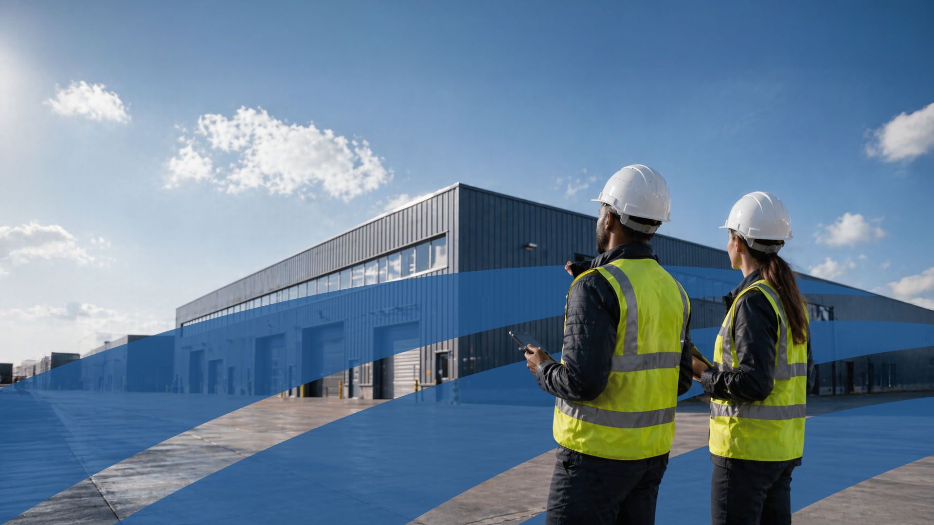 man and woman perform commercial property survey for building safety