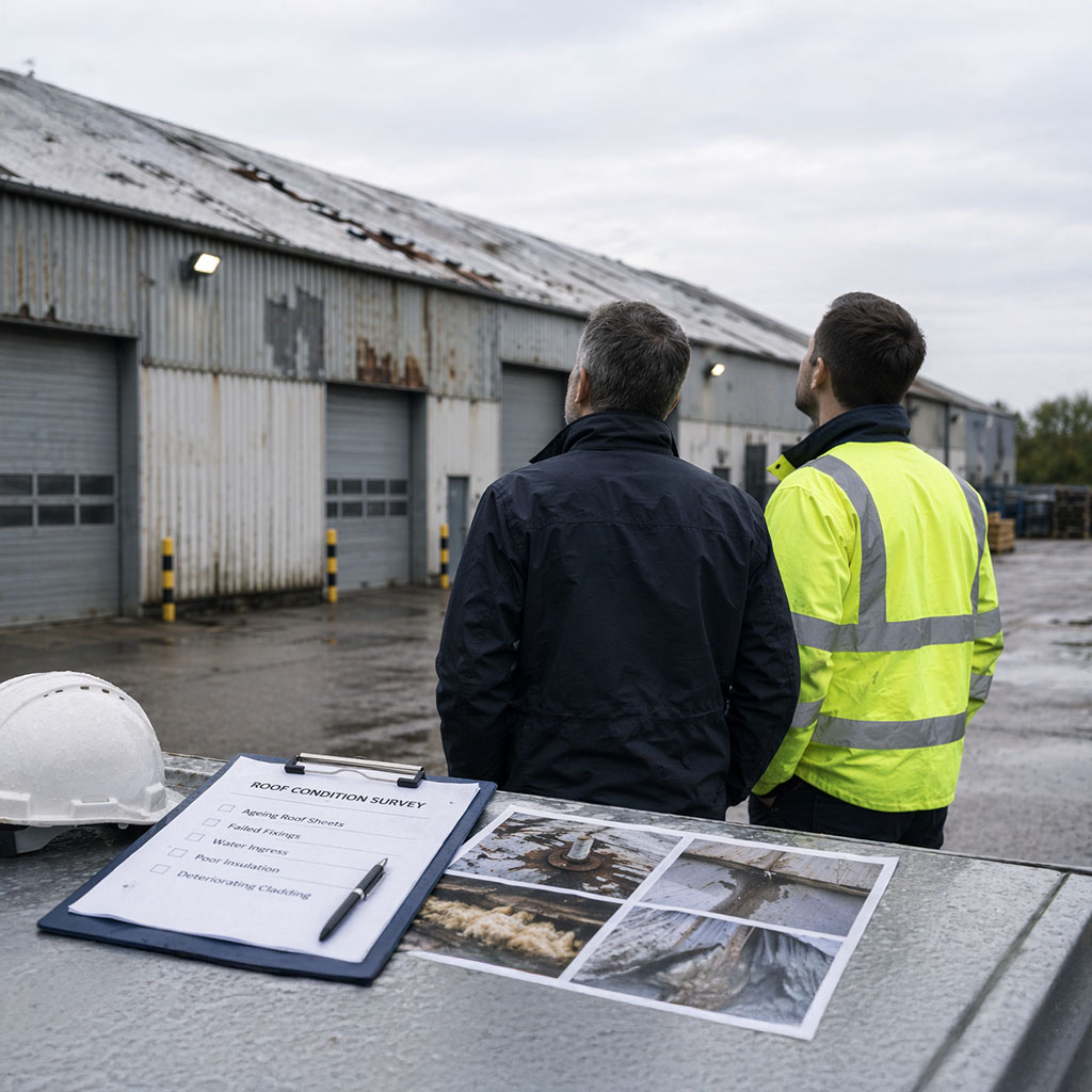 2 men surveying warehouse that needs it roof replacing
