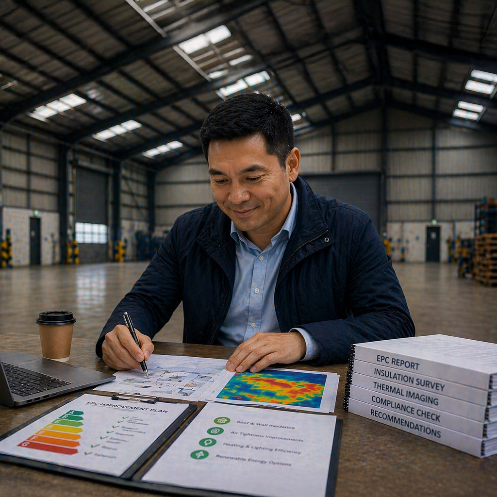 man sat in warehouse looking content and relaxed about EPC Compliance & Energy Upgrades