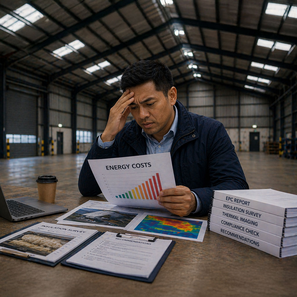 man sat in warehouse looking stressed about EPC Compliance & Energy Upgrades