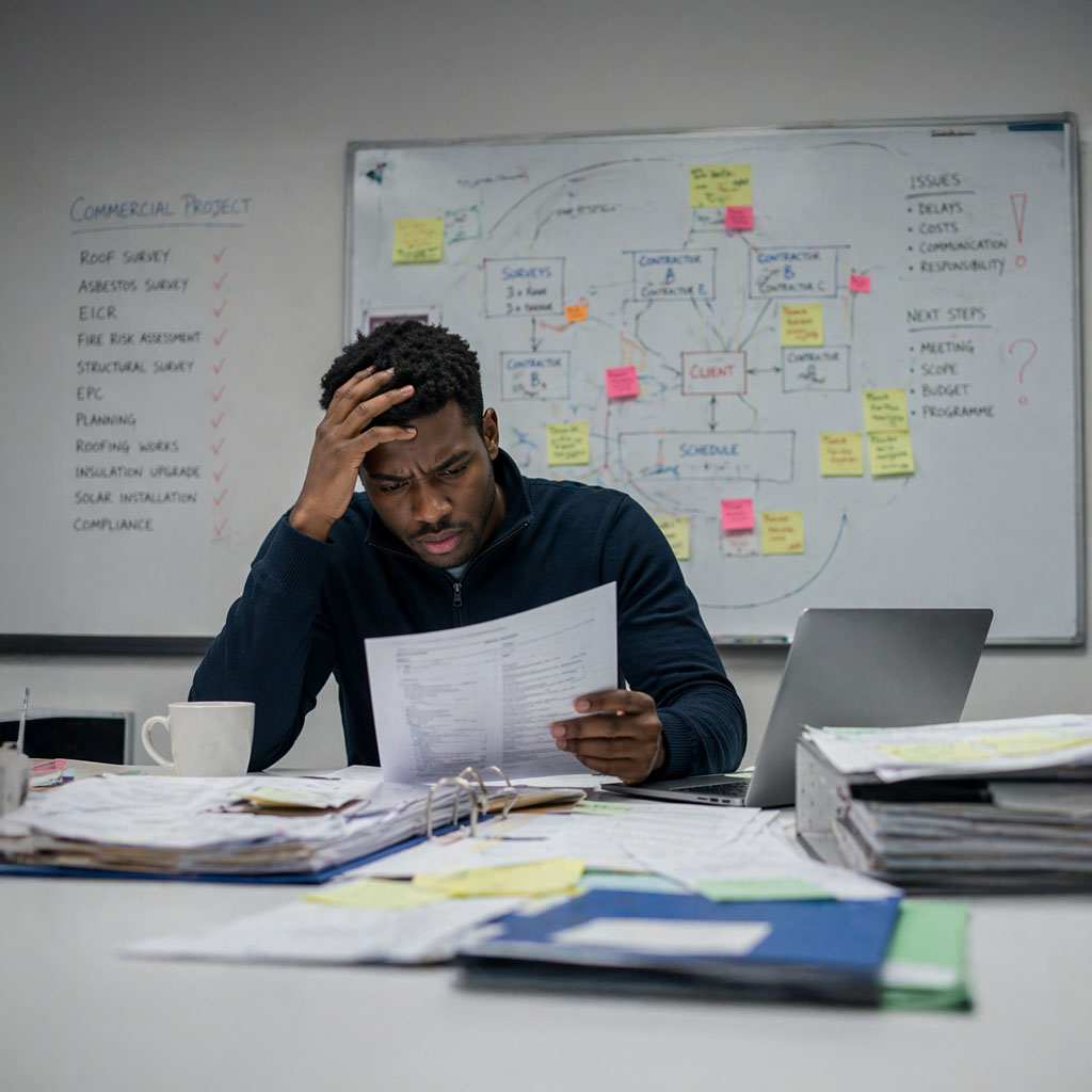 man looking stressed trying to manage a turnkey project