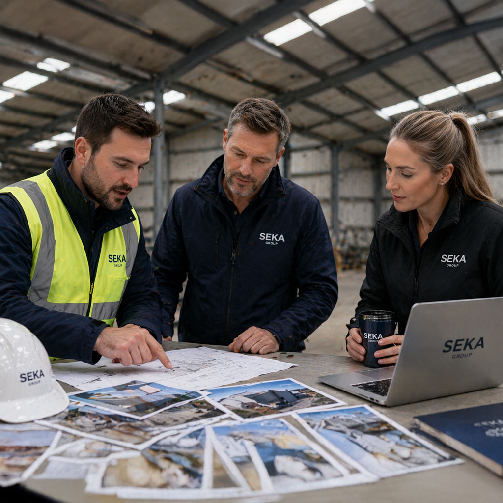 2 men and woman looking over plans for change to roofing