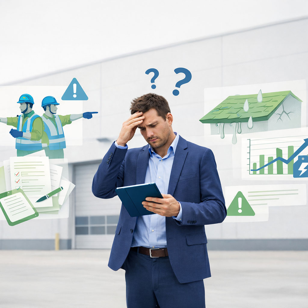 person confused about energy and roofing options for commercial building