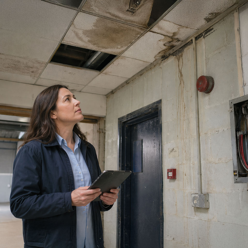 woman performing property survey on dilapidated building