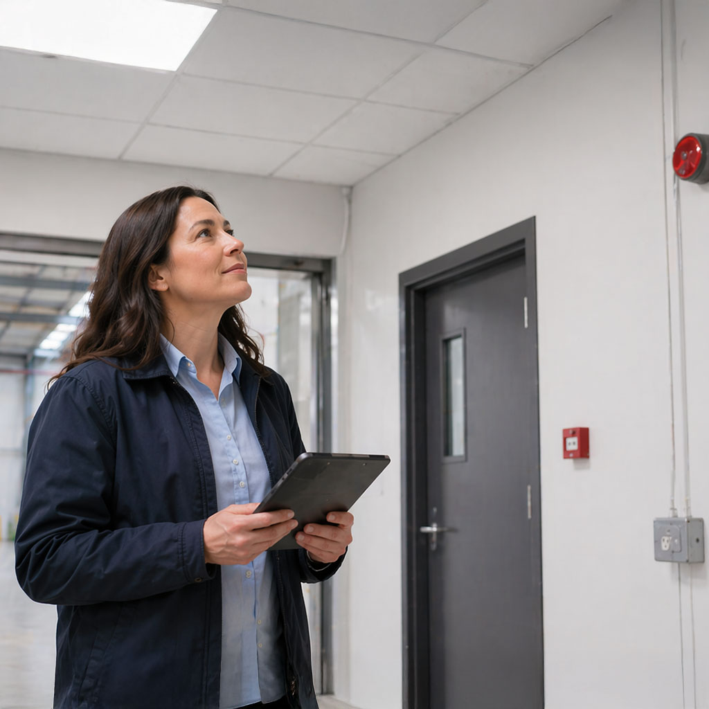 woman performing property survey on perfect building